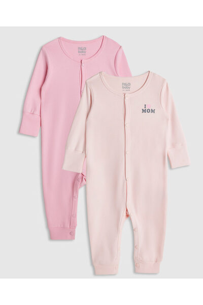 R&B طقم نوم وردي بأكمام طويلة للبنات (قطعتان)