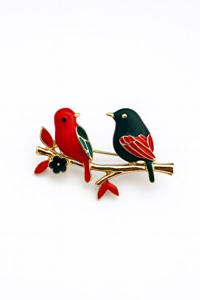 Elika Silver Kadın Kırmızı İkili Kuş Model Gold Broş