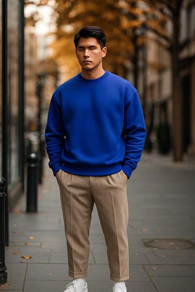 COMBİNE MİCHAİL Erkek Günlük Salaş Basic Mavi Bol Kazak