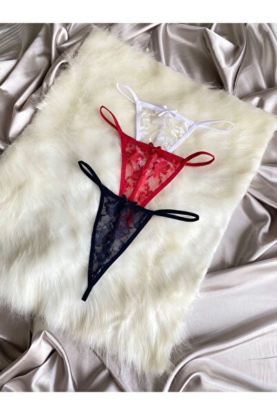 Maly Love Kadın Dantelli Transparan String Tanga İç Çamaşırı 3’lü Set - Beyaz & Kırmızı & Siyah