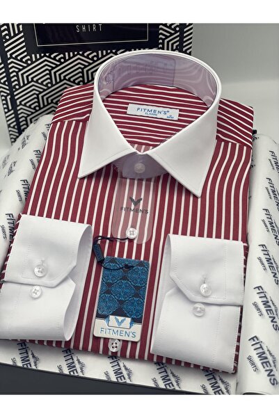 Fitmens Classic Long Sleeve Pocketless Collar Cuff White Gift Boxed Men's Shirt Fs-004325 - Burgundy White