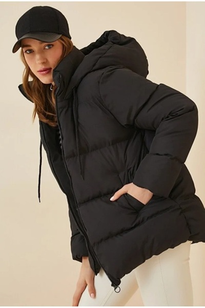 MEECY Palton negru cu glugă pentru femei