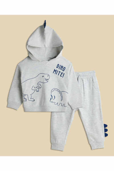 R&B Bleach Melange Boy's Dino Print Hooded Clothing Set