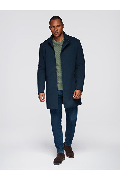 OMBRE Pánský kabát s vysokým límcem a přiléhavým střihem - tmavě modrý V2 OM-COWC-0136
