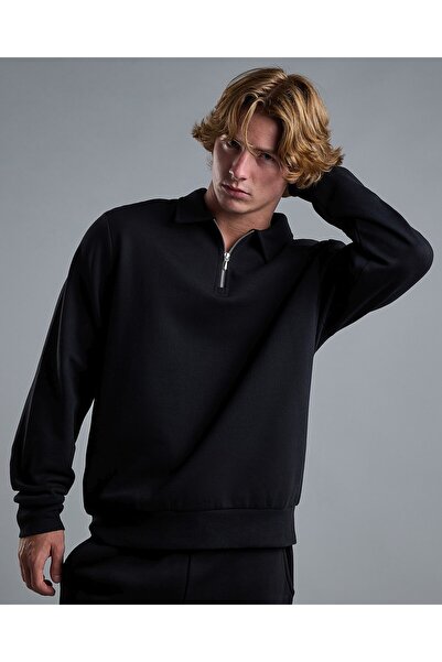 R&B سويت شيرت سادة مع ياقة قميص وأكمام طويلة