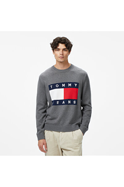 Tommy Hilfiger Tommy Jeans Regular Melange Flag Erkek Gri Kazak
