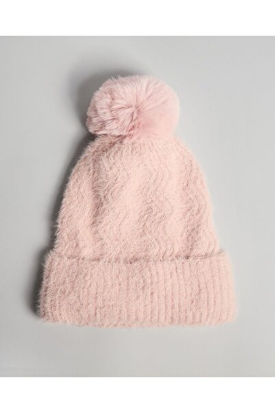 R&B Pink Women's Textured Beanie with Pom-Pom