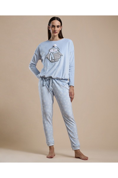 R&B طقم بيجامة نسائي أزرق ثلجي مطرز