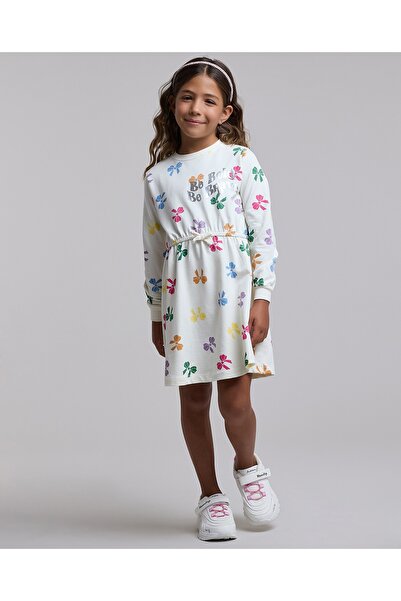 R&B Printed Flared Dress with Crew Neck and Long Sleeves