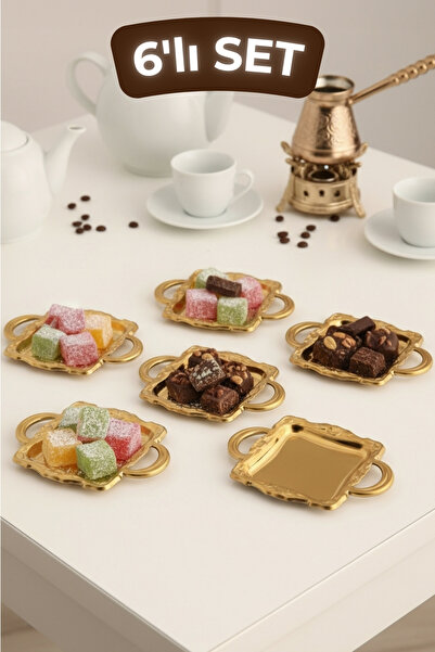 TR Turan Collection TOSKANA Kulplu Minimal Kahve Yanı Kare Sunumluk Gold 6 lı...