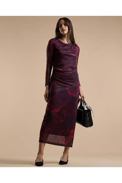 R&B Animal Patterned Sheath Dress with Crew Neck and Long Sleeves
