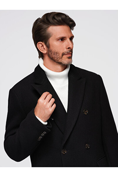 OMBRE Double-Breasted Men's Wool Coat - Black V2 OM-COWC-0133
