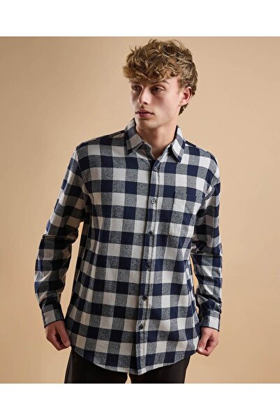 R&B قميص منقوش بياقة كلاسيكية وأكمام طويلة