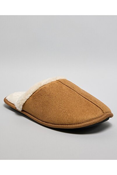 R&B Tan Men's Fur Detail Bedroom Slippers