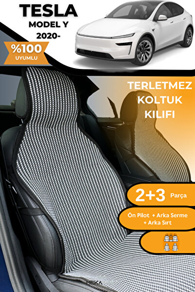 TREND Terletmez Oto Koltuk Koruyucu Kılıf %100 Pamuk 5 li Tam Set Füme Beyaz Tesla Model Y