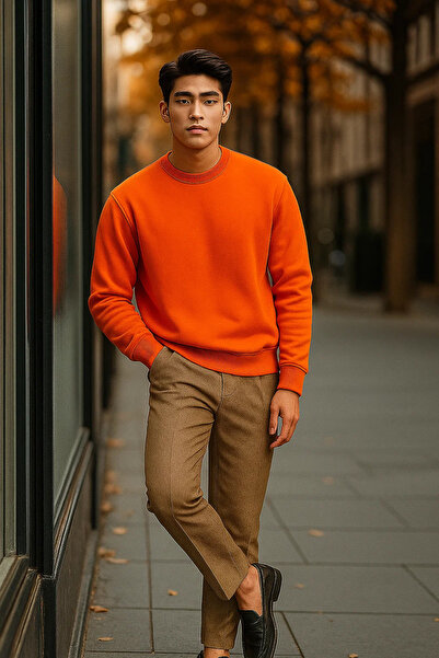 COMBİNE MİCHAİL Men's Casual Basic Orange Loose Sweater