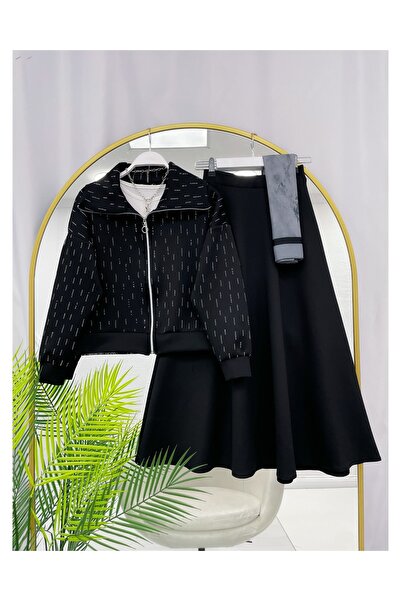 YEDİLALE Stone Zippered Jacket Skirt Puff Scuba Double Set