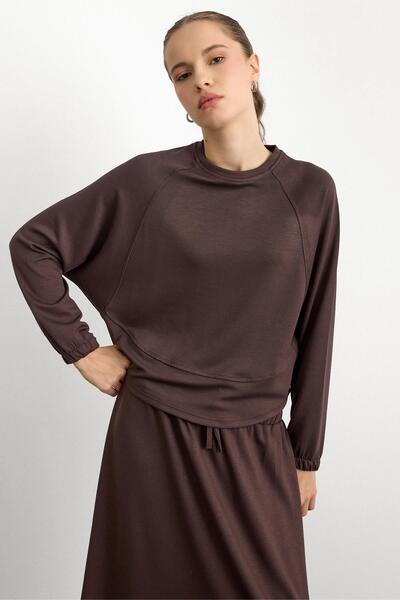 Olcay Crew Neck Knitted Sweat Skirt Set Brown 9386-Tk