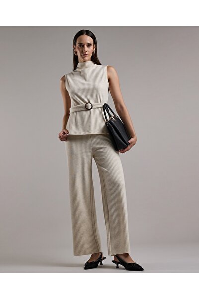 R&B Ribbed Belted Sleeveless Top with High Neck