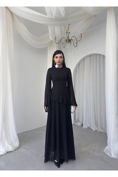 YURELİ Şifon Tasarım Kol Kadın Uzun Elbise