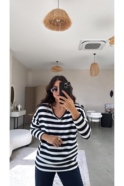 Buket Teke Navy Blue Striped V-Neck Yumoş Basic