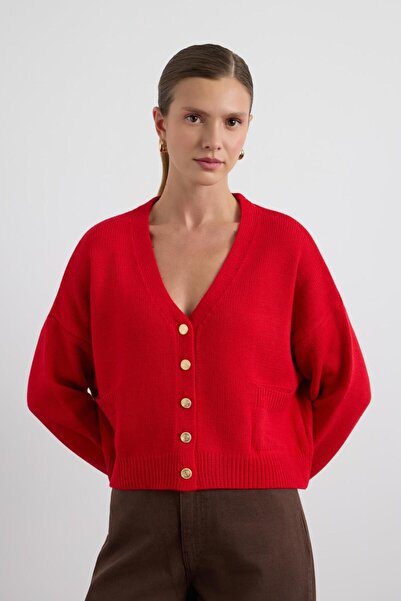 KADRİYE BAŞTÜRK Gold Buttoned Knitwear Cardigan Red