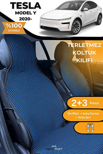 TREND غطاء حماية لمقعد السيارة مضاد للتعرق، 100% قطن، مجموعة كاملة من 5 قطع، أزرق وأسود، لسيارة تسلا موديل Y