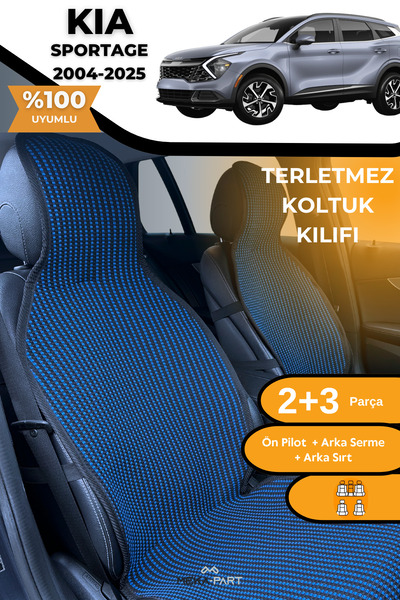 TREND غطاء حماية لمقعد السيارة مضاد للتعرق، 100% قطن، طقم كامل من 5 قطع، أزرق وأسود، لكيا سبورتاج