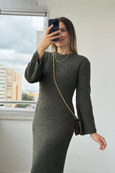 Kubos Moda Crew Neck Textured Gray Long Knit Dress