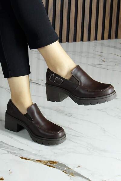 Erkan Saçmacı Brown Genuine Cowhide Leather Elastic Buckle Thick Heeled Casual Loafer Shoes