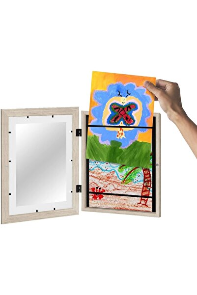 Flippy Photo/Storage Box Frame, Wood, A4 Drawings, Tempered Glass, 35x26x4 cm, Brown Wood