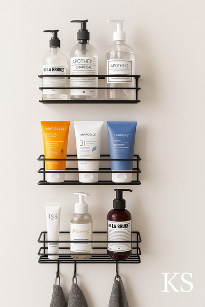 KILINÇ STORE مجموعة رفوف حمام معدنية لاصقة مكونة من 3 قطع - أسود، حامل شامبو ومنظم