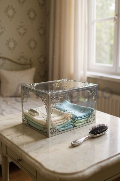 Pingolo Şeffaf Gümüş İşlemeli Pleksi Büyük Boy Bohça Kutusu