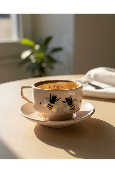 woness studio Handmade Bee Detail Ceramic Coffee Cup with Saucer for 1 Person