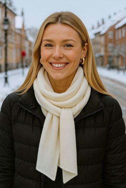 MARBERRY Ecru Brown Knitted Shawl with Stitched Edges 43X220 cm