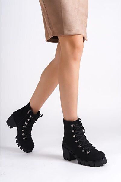 BİLGİMOLA Emma Lace-Up Zippered Orthopedic Sole Heeled Suede Women's Boots Ss...