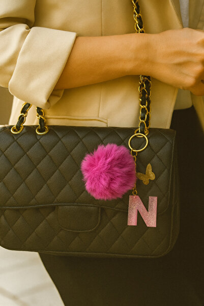 Bellinzona N буква розов блестящ ключодържател и талисман [с опция за помпон]