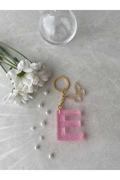 Bellinzona E Letter Pink Glitter ключодържател и талисман [с опция за помпон]