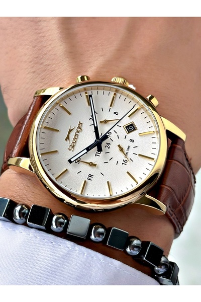 Slazenger Functional Brown-Gold Color 10 Atm Water Resistant Steel Case Men's Wristwatch 2481.06Mr