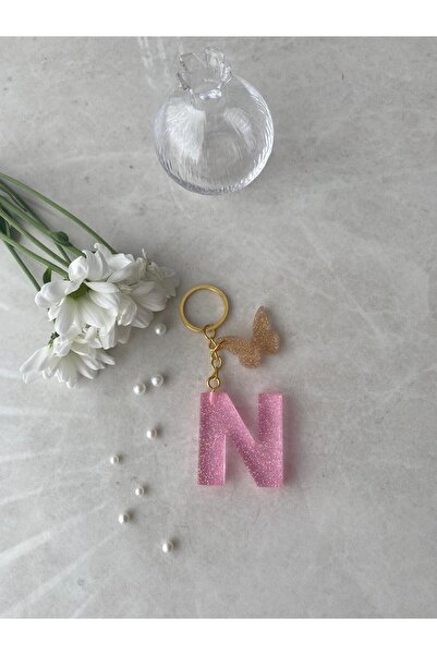 Bellinzona Breloc și amuletă cu litera N, roz cu sclipici [cu opțiune de pompon]