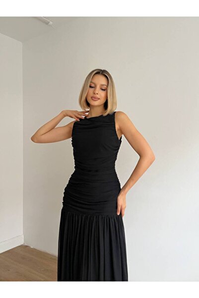 Ü&E MODA Kadın kolsuz astarlı tül elbise