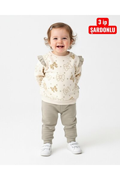 Ege Bebek Kız Bebek Fiyon Baskılı Kışlık 3 İp Şardonlu Fırfırlı 6-9-12-18-24 Ay Alt Üst Şık Takım