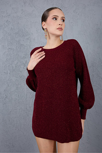 Clothes Fast Women's Burgundy Raglan Balloon Sleeve Crew Neck Glitter Knit Sweater
