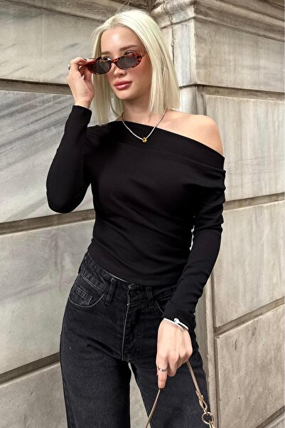 Seeh Bluză neagră pentru femei, cu mâneci lungi, cu umeri deschisi, SH327