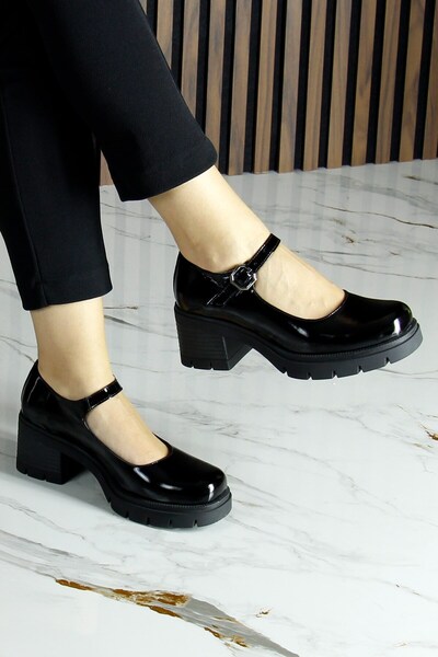 Erkan Saçmacı Black Patent Leather Genuine Leather Mary Jane Thick Heeled Casual Shoes