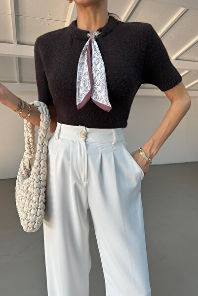 mylove Short Sleeve Sweater with Scarf Bitter Brown