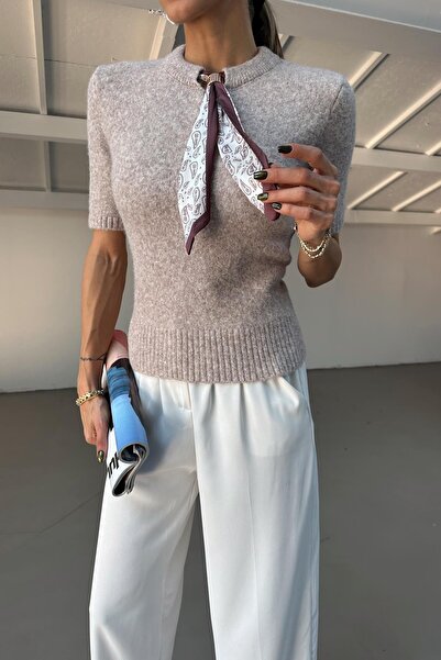 mylove Short Sleeve Sweater with Scarf Mink