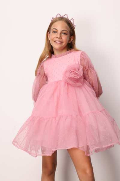 Le Mabelle Gülkurusu Puantiyeli Gül Aksesuarlı Kız Çocuk Elbise - Belinda