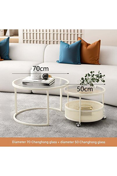 ESMART 2-Piece Nesting Coffee Tables with Shatter-Resistant Glass Top and Steel Frame,Cream White- 70+50cm