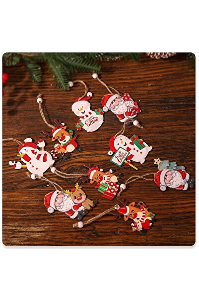 vivimall Set of 9 Christmas Decorations Made of Wood, with String for Hanging in the Tree, 3 Models, Differen